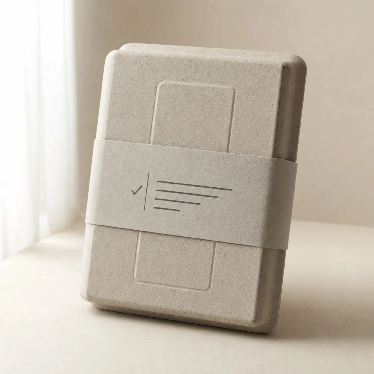 Moulded paper-pulp packaging with an embossed lid and a printed paper band