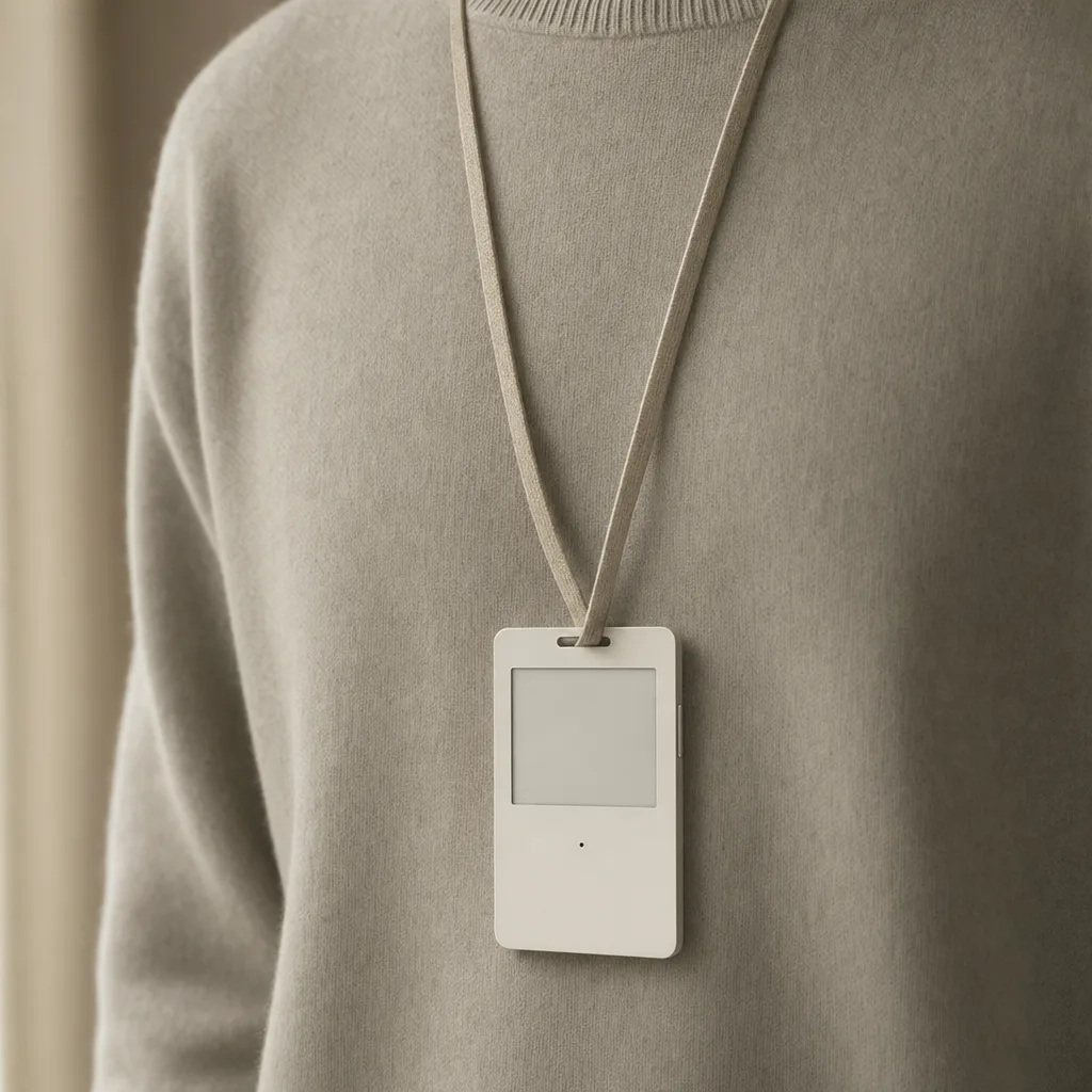 Concept render: the white aluminium card worn on a lanyard on the chest