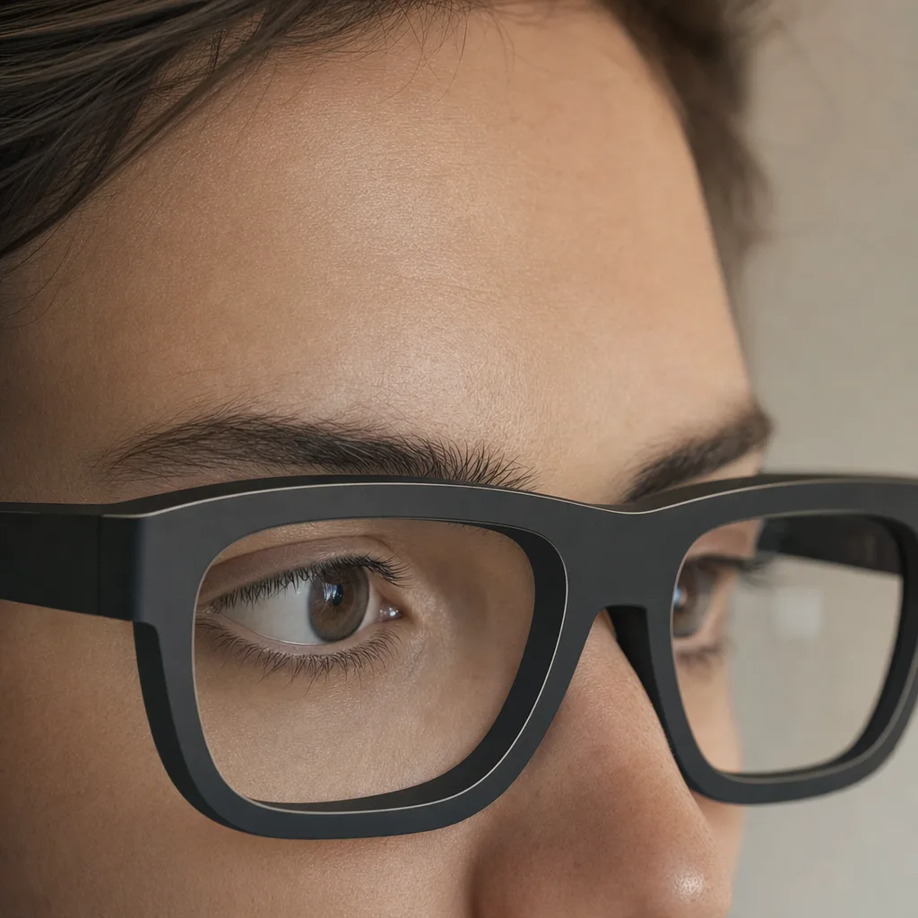 Concept render: the minimal glasses worn, cropped to the eyes