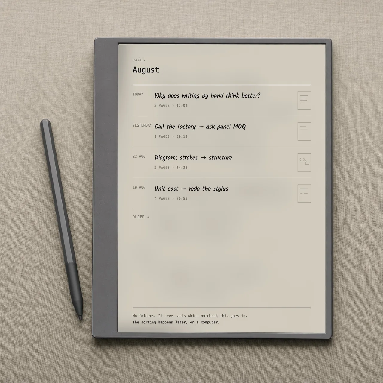 Top-down view of an e-ink tablet showing the gemnotes pages list