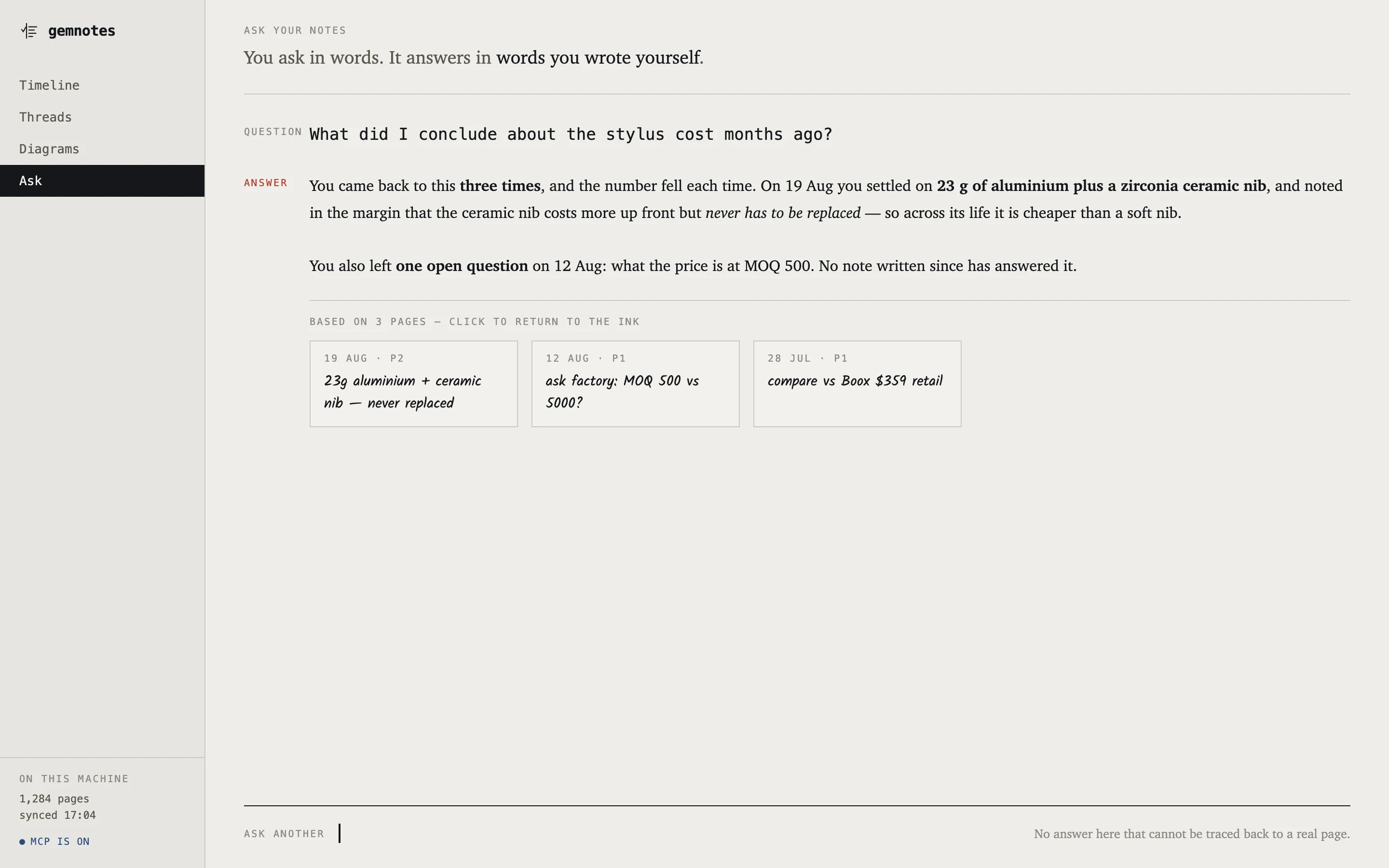 gemnotes ask view: a typed question, an answer in prose, and three source note cards below it
