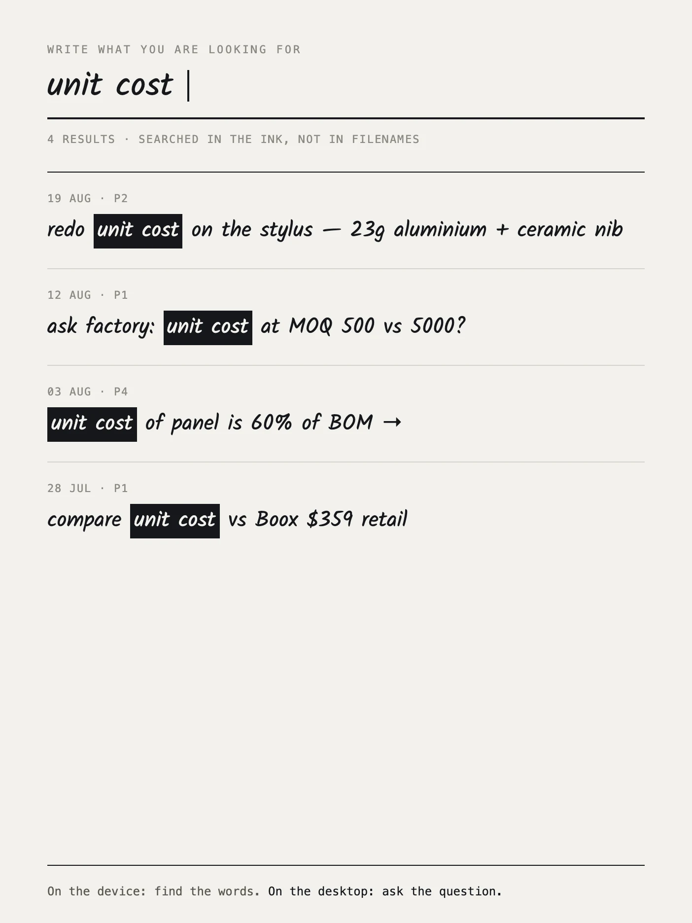 Search on the e-ink device: a handwritten query and four handwritten results