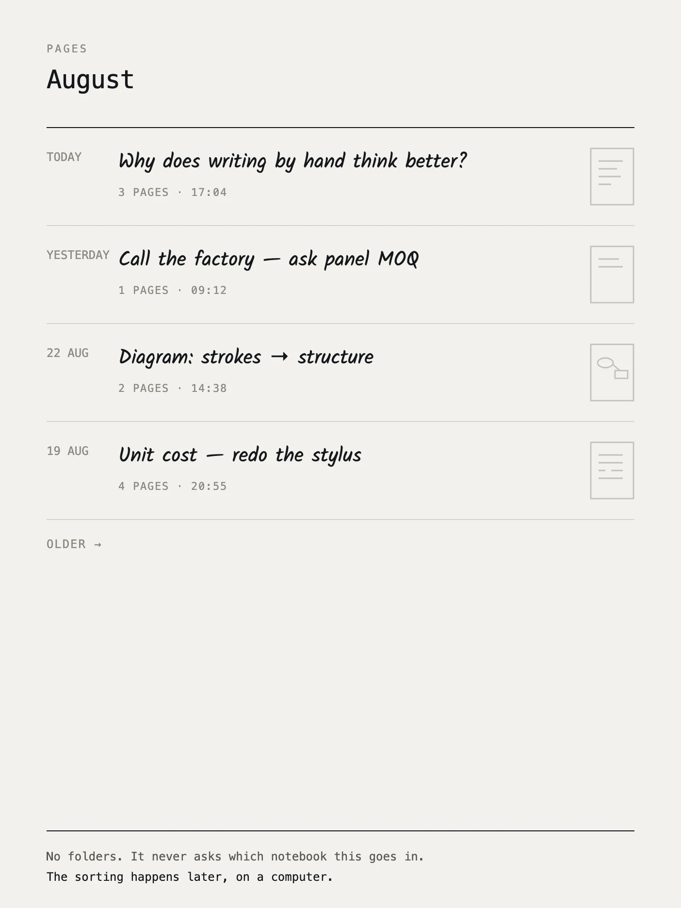 Pages list on the device: today, yesterday and older entries with page counts and times