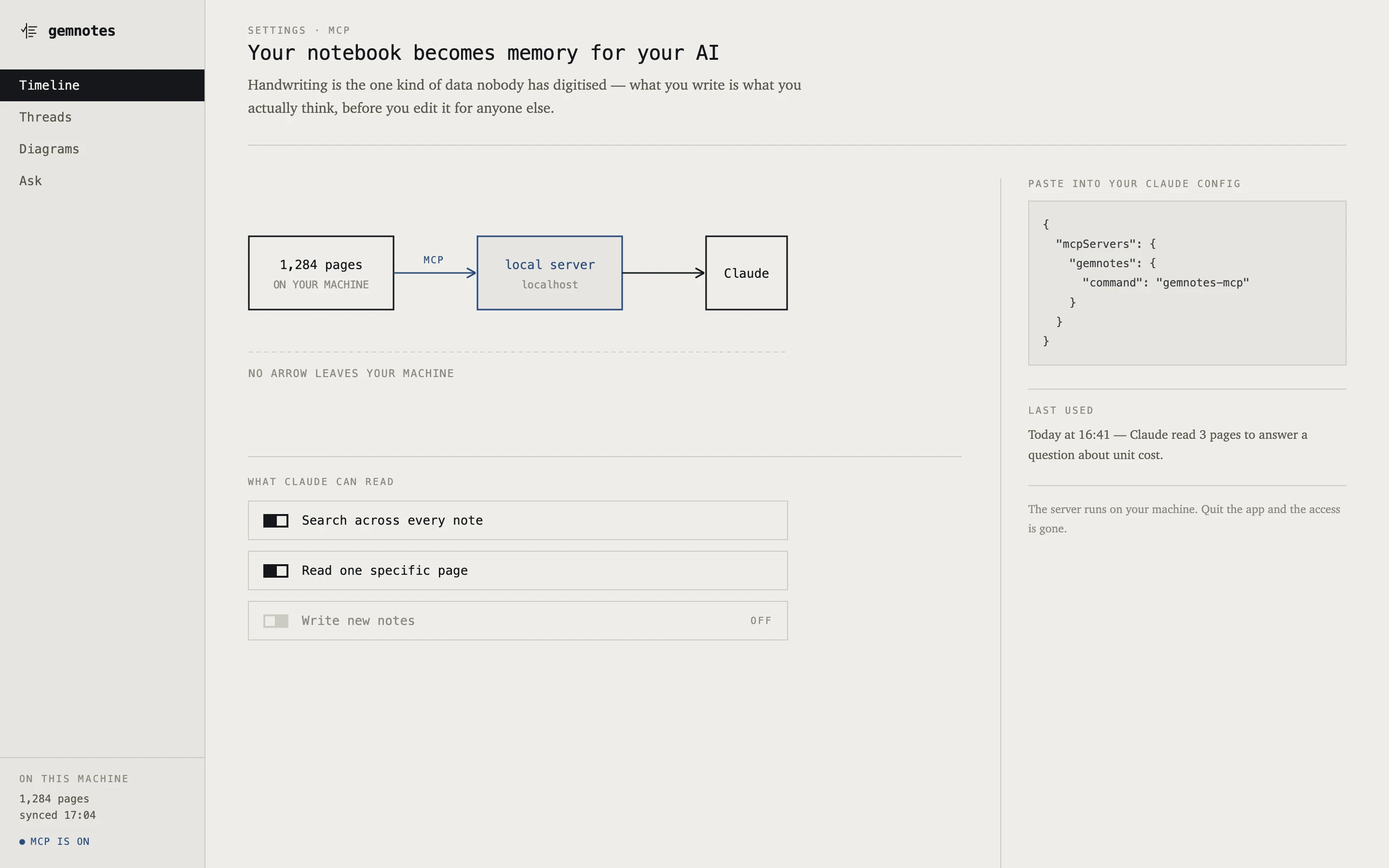 gemnotes MCP settings: a diagram from pages to a local server to Claude, with permission toggles