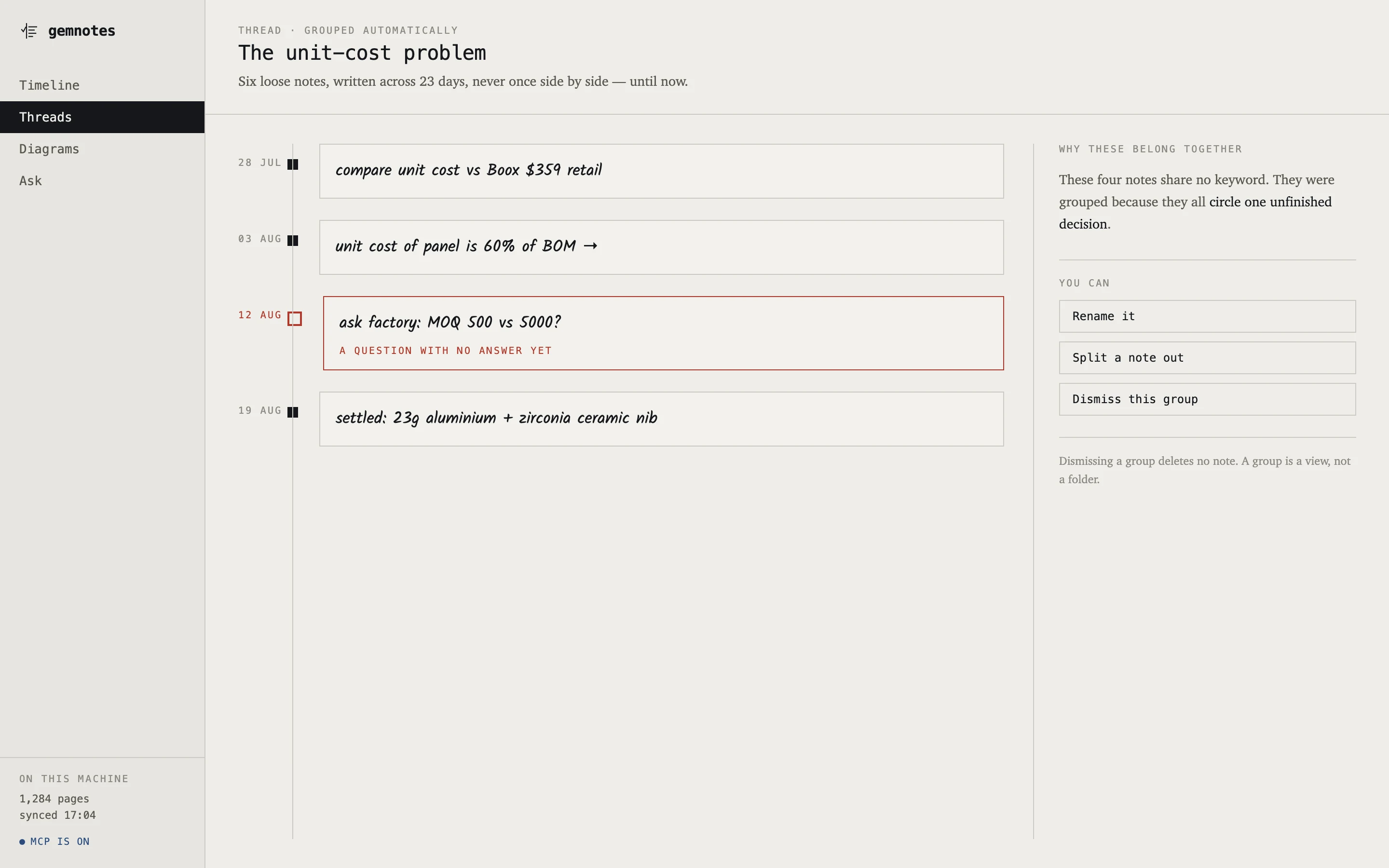 gemnotes thread view showing four handwritten notes on a timeline, one marked as an unanswered question