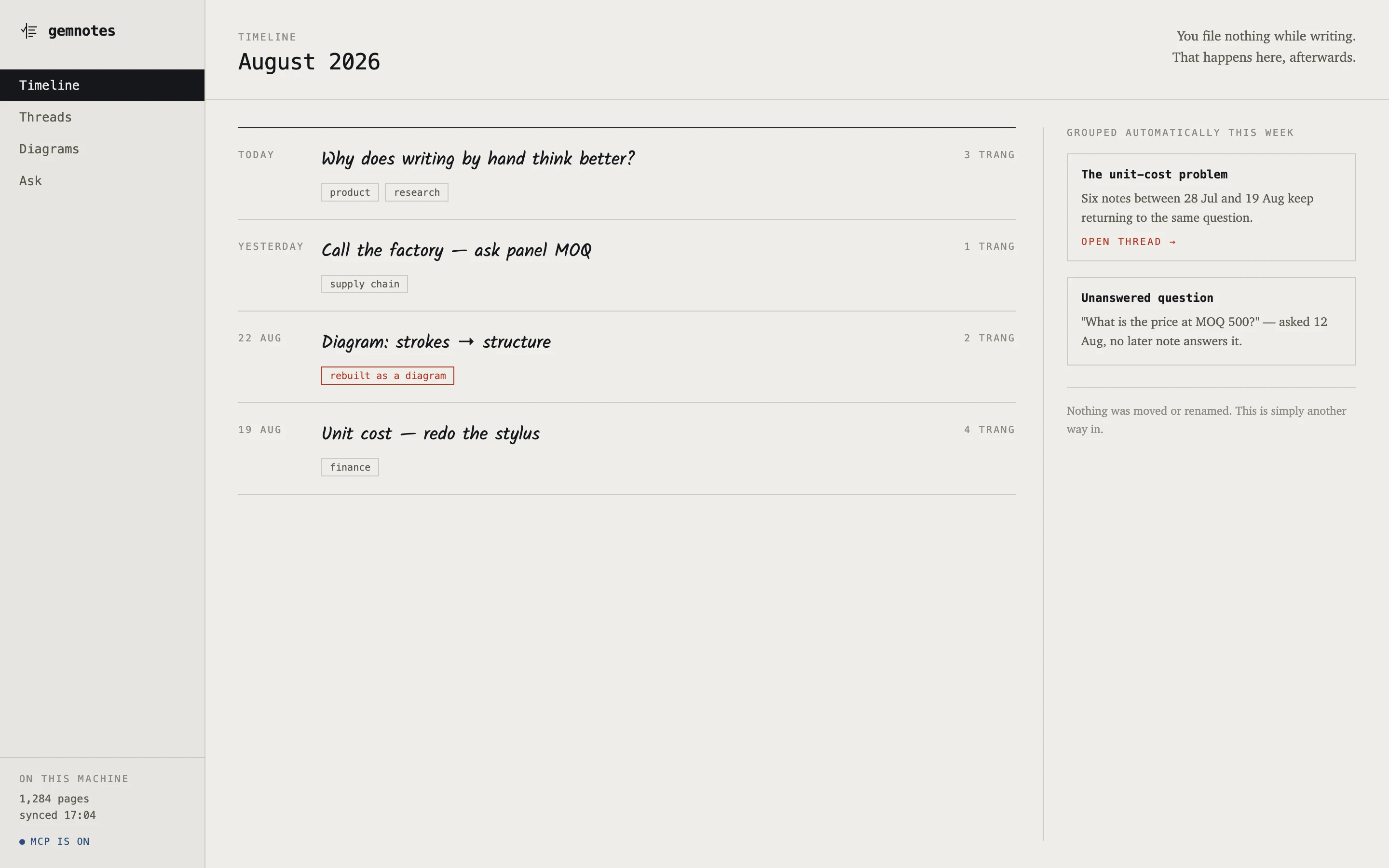 gemnotes timeline listing handwritten notes by date with auto-grouped threads in a side panel