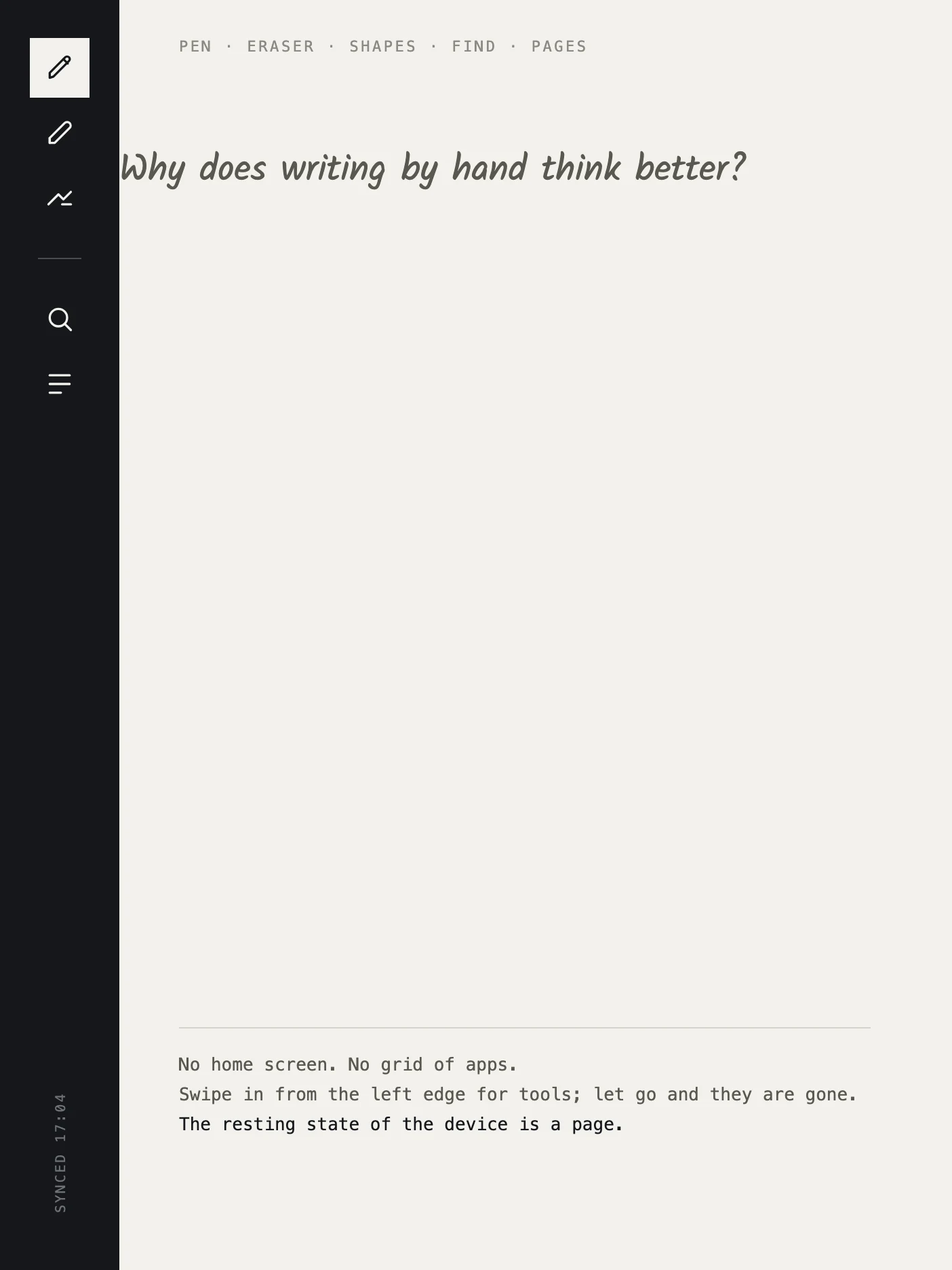 The gemnotes tool bar swiped in from the left edge, showing five tool icons on a dark strip
